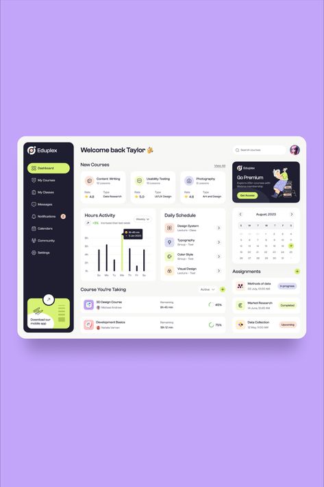 Explore our meticulously crafted Educational Dashboard design for a holistic learning experience. Monitor your engagement, achievements, statistics, daily schedule, assignments, and more in one intuitive interface.

Get in touch with us today to learn more about our UX design services and let's work together to create something amazing

👉Contact: hello@designmonks.co
+8801798-155521

#EducationalDashboard #LearningExperience #ProgressTracking  #Statistics #DailySchedule #AssignmentsManagement Dashboard Design, Ux Design, Interface Design, Inspiration, Ui Ux Design, User Interface Design, Web Design, Learning Website Design, Student Dashboard