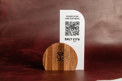 "★ FREE ENGRAVING ★ PLEASE CAREFULLY READ MY SHOP'S POLICIES BEFORE PLACING AN ORDER TO AVOID ANY MISCONCEPTIONS. LINK (FOR POLICIES SCROLL TO BOTTOM): https://www.etsy.com/shop/i4horeca An oak stand that holds an acrylic tablet with your QR code. We engrave your logo on wood, print on acrylic. In the photo, the placement of information is approximate, we can develop a design according to your request. Such QR code sign by electronic scan can lead customers to the webpage of your menu. In a pand Signage Design, Layout, Menu Design, Wood Menu Design, Wood Menu Stand, Wooden Menu Stand, Wood Menu, Menu Holders, Menu Stand