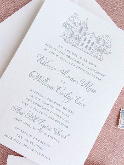 Dusty blue letterpress wedding invitations with custom venue illustration. South Carolina wedding.