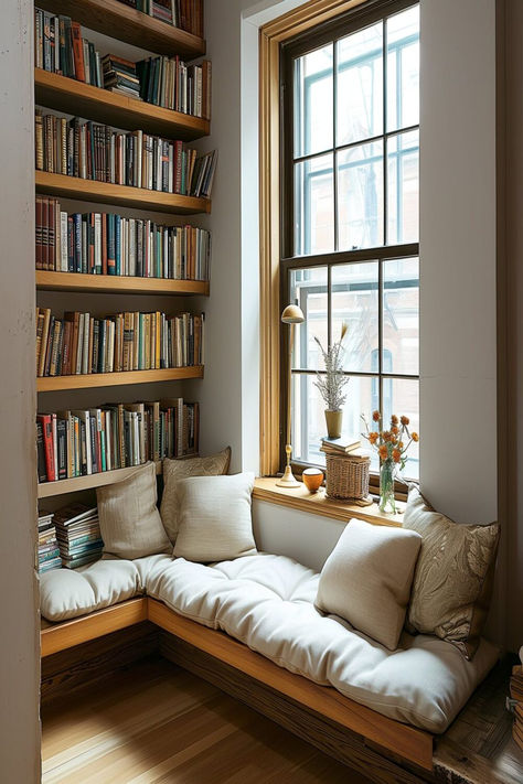 A modern reading nook with a window bench, plush cushions, and a full bookshelf - perfect for grown woman bedroom ideas. Home, Inspiration, Interior, Bedroom Reading Corner, Bedroom Reading Nooks, Cozy Reading Room, Cosy Reading Corner, Cozy Reading Nook, Home Reading Room