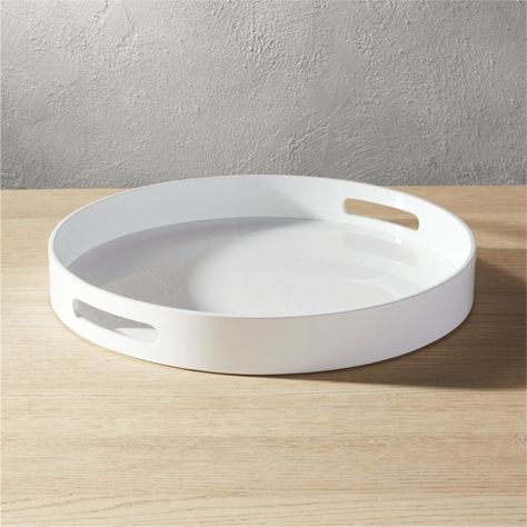 Free Shipping.  Shop high-gloss round white tray.   Clean white handmade tray hosts a party full of noshes and drinks on a generously sized surface.  Cutout handles make it easy to carry from kitchen to crowd. Ideas, Design, Modern Serving Trays, Gold Tray, Bar Tray, Black Tray, White Tray, Marble Tray, Coffee Table Tray
