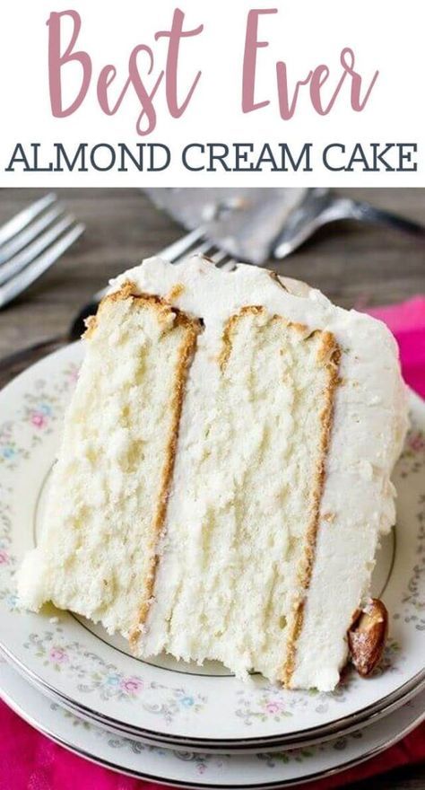 Desserts, Cake Recipes, Cake, Desert Recipes, Almond Cake Recipe, Cream Cake, Almond Cream, Almond Cakes, Whipped Frosting