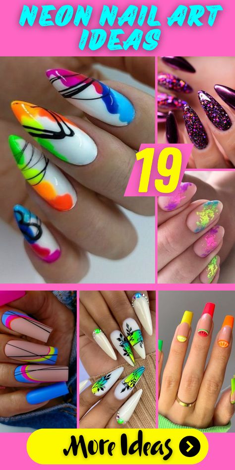 Neon nails are a canvas for vibrant self-expression. Dive into a world of inspired designs and art that embraces the power of bold colors. From pink to green, you'll find ideas that bring a pop of life to your nails. Whether you rock short square or long stiletto nails, these neon designs will make a statement and add a touch of excitement to your overall look. Neon, Ideas, Pink, Summer, Pop, Art, Striped Nails, Neon Nail Designs, Neon Nail Art Designs