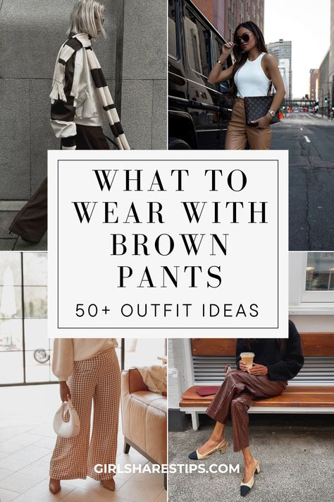 From casual to formal, these stylish looks will have you ready for any occasion. Don't miss out on this fashion-forward guide! | Brown pants outfit | how to style brown pants | brown trousers outfit | outfits with brown pants | brown pants outfit for work | how to style brown jeans | light brown pants outfit | brown pants outfit winter | brown pants outfit summer | brown pants outfit aesthetic | leather brown pants outfit | chocolate brown pants outfit | brown pants outfit women Styling Brown Trousers Women, What To Wear With Brown Trousers, Striped Brown Pants Outfit, Outfit With Brown Pants Womens, Chocolate Brown Faux Leather Pants Outfit, Silk Brown Pants Outfit, How To Wear Brown Pants Work Outfits, Brown Wide Leg Pants Outfit Work, Chocolate Brown Wide Leg Pants Outfit