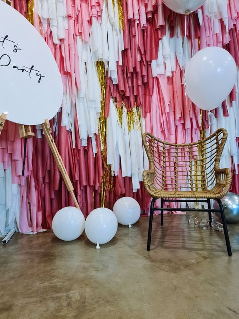 Pink and white fringe backdrop party setup Studio, Diy, Backdrops, Pink, Backdrops For Parties, Graduation Decorations, Grad Parties, Balloons, Balloon Garland