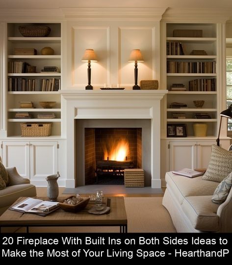 Built-ins flanking a fireplace create synergy between form and function. Display spaces properly style a fireplace while also providing smart storage solutions. And custom built-ins allow ample room for showcasing your unique personality. Our collection of 20 fireplace built-in ideas on each side illustrates how to infuse everything from library-style bookshelves to Minimalist Style into your living […] Design, Home, Ideas, Craftsman Fireplace With Built Ins, Fireplace Bookshelves, Fireplace Ideas, Fireplace Remodel, Bookshelves Around Fireplace, Gas Fireplace
