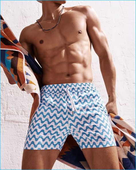 Travor Signorino pictured in Frescobol Carioca patterned swim shorts. Menswear, Clothes, Men's Swimwear, Giyim, Mens Underwear, Mens Summer, Maillot De Bain, Trunks, Man Swimming