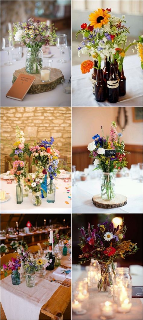 20 Budget-friendly Wildflower Wedding Centerpieces for Spring Summer | Roses & Rings Centrepiece Ideas, Wedding Centrepieces, Summer Wedding Centerpieces Diy, Rustic Summer Wedding, Rustic Wedding Centerpieces, Rustic Spring Wedding, Wedding Centerpieces, Foliage Wedding Decor, Wedding Centerpieces Mason Jars