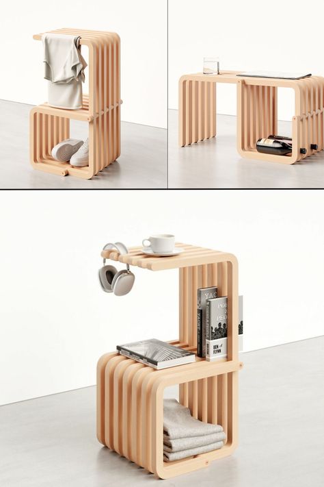 Proust Side Table Lets You Hang Clothes, Store Books and Wine Bottles Tables, Coffee Table Furniture Design, Furniture Side Tables, Side Table Design, Furniture Design Table, Multifunctional Furniture Design, Coffee Table Design, Furniture Projects, Multifunctional Furniture