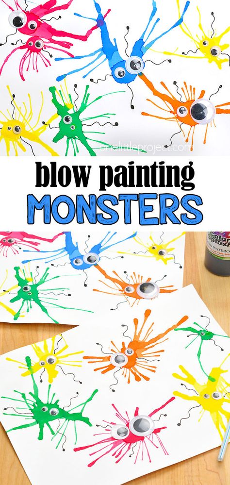 Monster Blow Painting with Straws | Blow Paint Monsters Craft Monster Blow Painting, Blow Paint Monsters, Kid Activity Ideas, Easy Science Crafts For Kids, Simple Kid Activities, Easy Prek Art Activities, Crafts For 4 Year Boys, Paint Activity For Preschoolers, Science Arts And Crafts For Kids