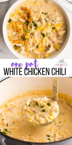This White Chicken Chili is ultra thick and creamy, with shredded chicken, white beans and corn and just the right amount of spice! Make ahead and freezer friendly, perfect for pantry cooking. #chili #chicken #chickenbreast #dinner | easy chicken recipes | chicken dinner | easy dinner ideas | soup recipe | pantry meals | pantry cooking White Chicken Corn Chili, White Chicken Chili Soup Recipe, White Corn Chicken Chili, White Chicken Chili Slow Cooker Cream Cheese, Chicken Soup Recipes Stovetop, Recipes For Shredded Chicken Dinners, White Chicken Stew, Easy Dinner Canned Chicken, White Chili Soup Recipes