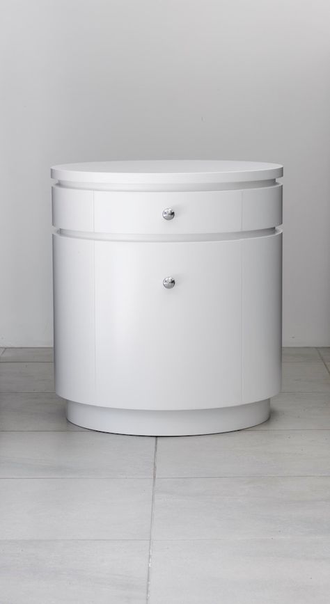 Blanche Ronde White Drum Round Bedside Table - James Salmond Furniture Round White Bedside Table, Round Bedside, Bedside Table Round, Bedside Table Design, White Bedside Table, Cupboard Doors, Extra Storage Space, Guest Bedrooms, Extra Storage