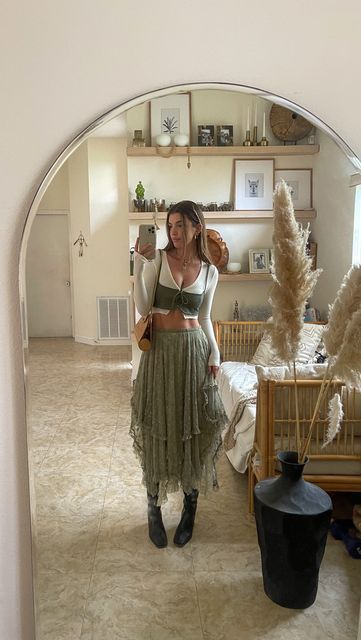 Kelsey Floyd on Instagram: "Experimenting with styling these layered lace skirts. I wore them to my last pottery market and they got so much love. 🫶🏼🌿" Layering Boho Outfits, Long Floral Dress With Cowboy Boots, Float Dress Outfit, Book Festival Outfit, Layering Lace Dress, Winter Flea Market Outfit, Layered Boho Dress, Music Festival Outfits Coachella, Layering A Dress For Fall