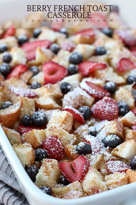 Berry French Toast Casserole Bake - an easy and yummy breakfast and brunch recipe, perfect for Easter  weekend! Make ahead the night before and pop it into the oven when you are ready to eat! A crowd pleaser and save well as leftovers! #breakfast #brunch #casserole #frenchtoast #Easter #EasterSunday #holiday #recipe #easyrecipe #joyousapron Bacon, Brunch, Waffles, Breakfast And Brunch, Dessert, Breakfast Casserole French Toast, Easy French Toast Casserole, Overnight French Toast Casserole, Baked French Toast Casserole