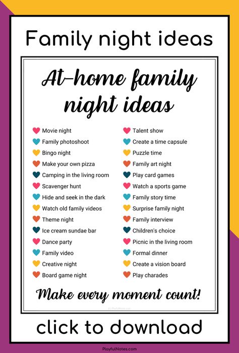 Discover 31 easy and fun at-home family night ideas that you and your kids will love! They are great for building connection and having fun together!  --- Family activities at home | Family fun Winter, Summer, Family Fun Night, Family Night Activities, Family Game Night, Family Fun Day, Game Night Ideas Family, Family Night, Family Games