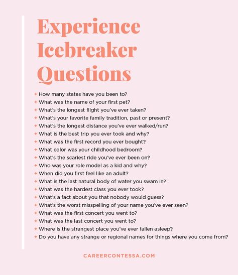 100 Icebreaker Questions for Interviews + Beyond | Career Contessa Fitness, Humour, Icebreaker Questions For Work, Ice Breaker Questions, Fun Questions To Ask, Questions To Get To Know Someone, Questions To Ask, Would You Rather Questions, Questions For Friends