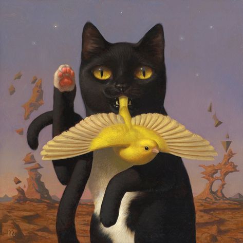an oil painting of a black cat with a yellow bird in its mouth Cat Art, Draw, Gatos, Animais, Animaux, Kunst, Sanat, Fotografie, Drawings