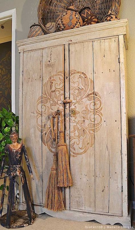 Stencil How To: A Rustic Cabinet Makeover With Modello(R) Stencils. Do this on my armoire for garage redo Woodworking Projects, Diy Furniture, Upcycled Furniture, Furniture Makeover, Painted Furniture, Cabinet Makeover, Redo Furniture, Furniture Projects, Furniture Diy