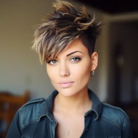 Funky Mohawk with Wispy Bangs Short Hair Styles, Short Hair Cuts For Women, Messy Pixie Haircut, Short Hair With Bangs, Short Hair Cuts, Medium Hair Styles, Hair Cuts, Short Hair Syles, Pixie Cut With Highlights