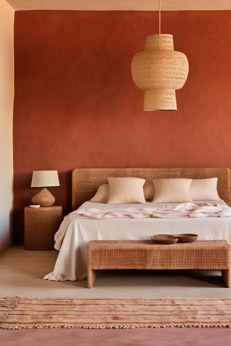 A modern bedroom with terracotta walls and a textured white ceiling. The room features a bed with a tufted terracotta headboard, terracotta and white linens, a wooden nightstand, and a terracotta textured lamp. A terracotta and white textured rug and a terracotta macramé wall hanging add layers of texture. Home Décor, Interior, Moroccan Bedroom, Moroccan Decor Bedroom, Moroccan Bedroom Decor, Moroccan Inspired Bedroom, Terracotta Walls, Living Room Decor, Terracotta Bedroom