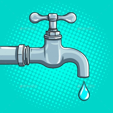 Water Tap with Drop Pop Art Vector Motion Design, Retro, Art, Water Tap, Water Faucet, Water Poster, Save Water Poster Drawing, Water Projects, Water Experiments