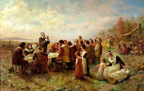 The First Thanksgiving at Plymouth Thanksgiving at Plymouth by Jennie Augusta Brownscombe History, Art, Thanksgiving, Plymouth, Wampanoag Indians, Wampanoag Clothing, New World, Pilgrim, National Museum
