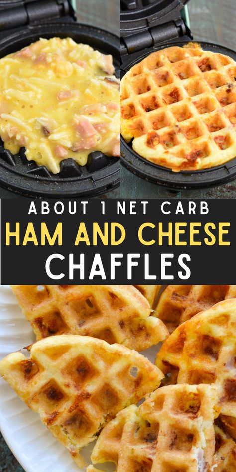 These Ham and Cheese Chaffles require just 5 ingredients and are about 1 net carb each! This is the perfect easy keto breakfast or snack recipe! Desserts, Low Carb Recipes, Waffles, Courgettes, Protein, Dessert, Quiche, Keto Quiche, Quick Keto Breakfast