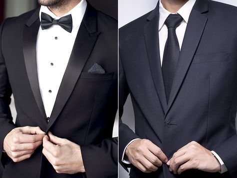 Unsure when to wear a tuxedo vs a suit? Read The Knot’s side-by-side comparison to understand the difference. Suits, Suit Vs Tuxedo, Tuxedo For Men, Groom Tuxedo, Tux Vs Suit Wedding, Groomsmen Tuxedos, Tuxedo Suit, Men’s Suits, Tux Vs Suit