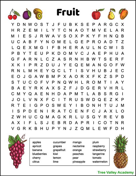 A difficult fruit word search. It's free to print. The printable puzzle has 24 hidden fruit names to find and circle. Words are hidden in all directions. Ideal for upper elementary students and older who are ready for the challenge. A fun way for kids to work on spelling of fruit themed words. Pdf includes answers. Option to print in color or black and white. Fruit, Spelling Activities, Word Puzzles For Kids, Kids Word Search, Word Games, Word Search Puzzle, Wordsearch For Kids, Word Puzzles, Word Search Puzzles Printables