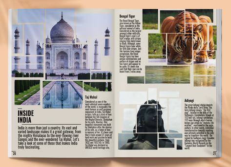 India is more than just a country. Its vast and varied landscape makes it a great gateway, from the mighty Himalayas to the ever-flowing river Ganges and the ever-wondered Taj Mahal. Let’s take a look at some of these that makes India truly fascinating. #adiyogi #shiva #tajmahal #tiger #india #magazine #editorial #typography #layoutdesign Layout Design, Layout, Design, Graphic Design, Rennes, Country, Trips, India, India Culture