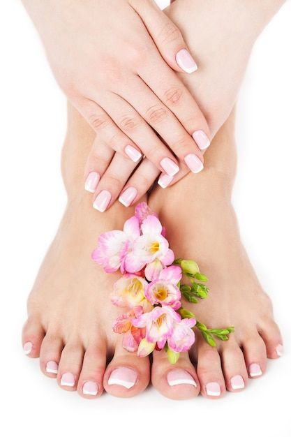 Relaxing pink manicure and pedicure with... | Premium Photo #Freepik #photo #foot-care #foot-spa #female-feet #body-care Balayage, Pink, Pedicure, Dayton, Bella Nails, West Carrollton, Nail Shop, Food Nails, Pink Manicure