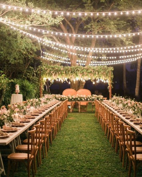 Garden wedding inspiration. Perfect for an intimate celebration!   Repost from @thebridalplanner • Intimate garden reception dinner by the beach . . . Photographer @jadapoonphotography Planning Styling @thebridalplanner Venue @rosewoodphuket Florist @iamflower.co . . Vintage tables @tbprental  Peacock chairs @tbprental  Crossback wooden chairs @tbprental  Vintage light on a wooden structure @tbprental Ceramic vases @tbprental  Garden light @rosewoodphuket  Candles and holders @tbprental #munaluc Decoration, Inspiration, Outdoor Wedding Reception, Outdoor Wedding Decorations, Outdoor Engagement Party, Outdoor Wedding Venues, Garden Wedding Reception, Garden Engagement Party, Outdoor Wedding