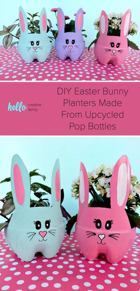 These DIY Easter Bunny Planters are made using recycled pop bottles! Bright and colorful they are a fun craft for a table centerpiece, front porch or handmade gift! Easter Crafts, Diy, Diy For Kids, Upcycled Crafts, Diy Crafts, Easter Diy, Easter Crafts For Kids, Diy Crafts For Kids, Easter Kids