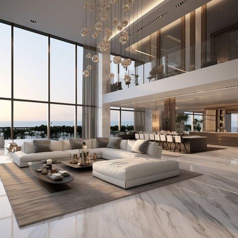 In the heart of this home, the living room exudes modern elegance with its stone and marble features. Mansion Living Room Luxury, Luxury Condo Interior, Modern Mansion Interior, Mansion Living Room, Modern Luxury Living Room, Mansion Living, Marble Flooring Design, Condo Living Room, Sala Grande