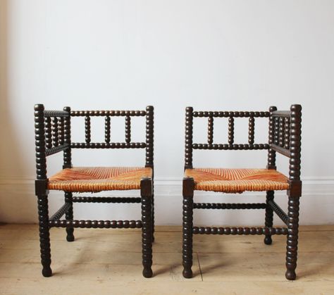 Pair of early 20th century corner bobbin chairs with rush seats. Inspiration, Furniture Design, Dining Chairs, Home Décor, Antique Furniture, Interior, Home, Armchairs, Stool