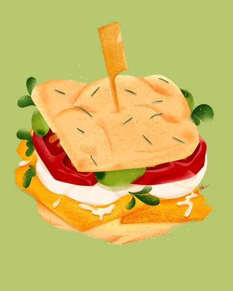 food illustration digital art food illustrator focaccia Italian sandwich tomato aesthetic
