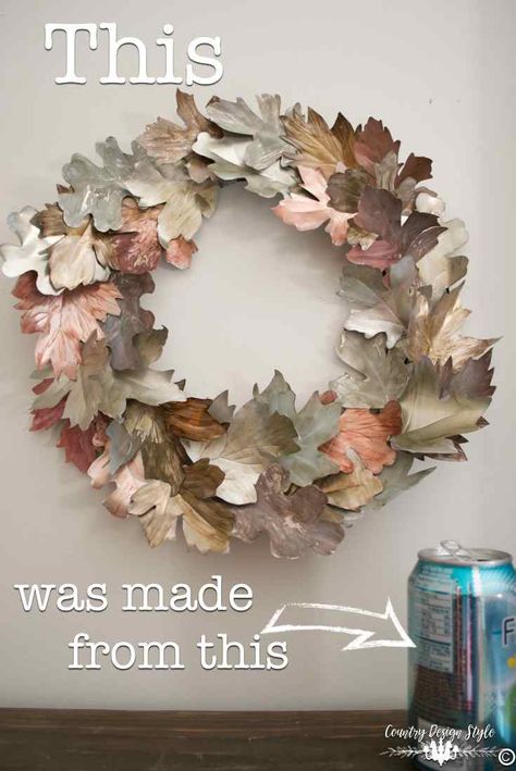 You will be glad you pinned this!  Using soda cans to make DIY metal leaves for a metal wreath.  | Country Design Style | countrydesignstyle.com