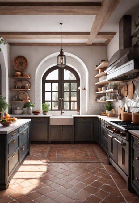 How to Use Colors in Your kitchen to Affect Your Mood. spanish mediterranean kitchen. terracotta tiles. satillo tiles. neutral kitchen inspo. updated tuscan kitchen ideas. wood beams. arch window. Home, House Design, Tuscan Interior, Dream Kitchen, Kitchen Design, Neutral Kitchen, Home Kitchens, Mediterranean Home, Interior Design And Psychology