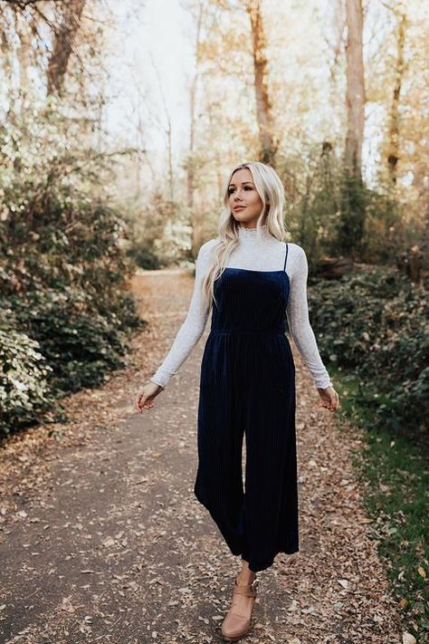 Homecoming Velvet Jumper in Navy Capsule Wardrobe, Outfits, Casual, Hostess Outfits, Velvet Jumpsuit Outfit, Fall Jumpsuit Outfit, Jumper Dress, Velvet Casual Outfit, Modest Outfits