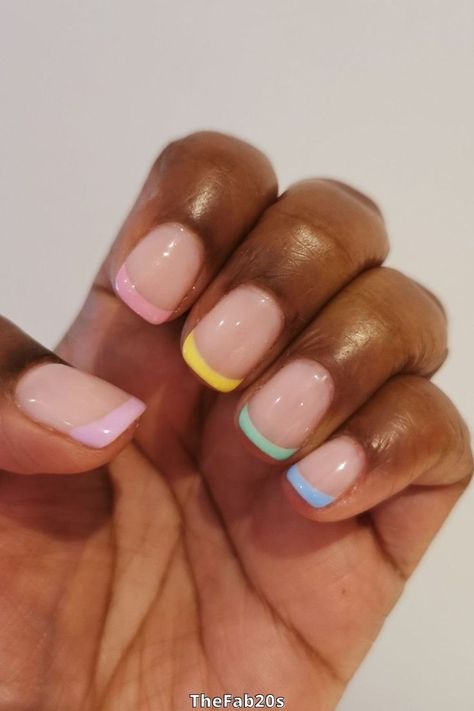 Pastel short french tip nail design French Nail Design, Coloured French Nails Tips Short, French Tip Nails, Short French Tip Nails, French Tip Gel Nails, French Manicure Designs, French Manicure Short Nails, French Tip Nail Designs, French Nail Designs