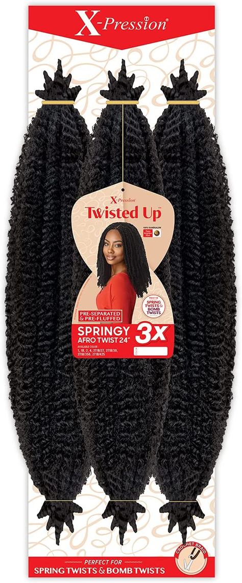 Amazon.com: Outre Crochet Braids X-Pression Twisted Up 3X Springy Afro Twist 24" (1-Pack, 1B) : Beauty & Personal Care Crochet Braids, Plaits, Twist Braids, Kinky Twists Braids, Kinky Twist Hairstyles Braids, Afro Twist Braid, Braids, Kinky Twist Styles, African Hair Braiding Styles