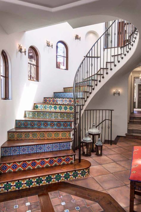 Spanish coastal style home with sophisticated interior styling in California Spanish Style, House Design, Tiled Staircase, Spanish House, Escalier Design, Staircase Design, House Styles, House Interior, House Ideas