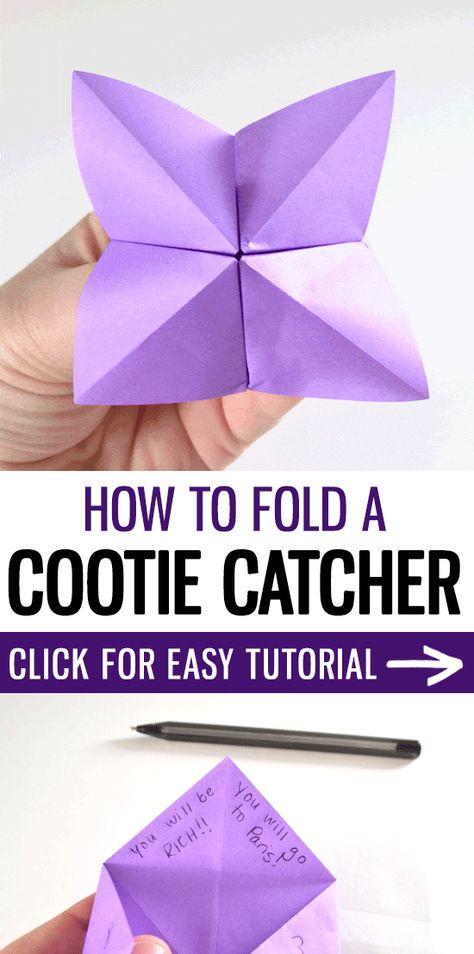 A light purple folded paper cootie catcher opens and closes. Below an image showing 2 of the catcher's fortunes include "You will be RICH!!!" and "You will go to Paris." Paper Crafts, Origami, Paris, Summer, Crafts, Paper Folding, Play, Paper Folding For Kids, Paper Folding Crafts