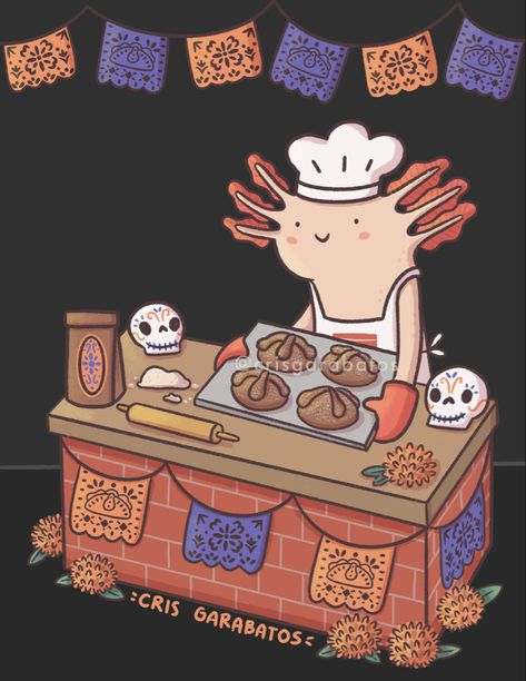 Ajolote horneando pan de muerto, ilustración por Cris Garabatos Mexican Art, Kawaii, Mexico, Pixel Art, Muertos, Calavera, Arte Mexicano, Pan De Muerto, Mexican Halloween