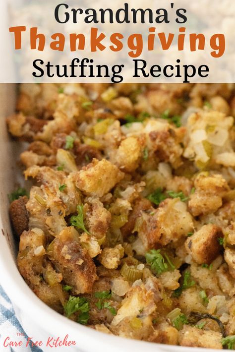 Grandma's Stuffing Recipe is a classic Homemade Thanksgiving Stuffing Recipe from scratch.  I even show you how to make your own Bread cubes if you want.  This is the best stuffing recipe is always a favorite Thanksgiving side dish! #thanksgiving #side #sides #recipe #best #stuffing #dressing #easy #thecarefreekitchen #thanksgivingfood Sandwiches, Pasta, Thanksgiving, Easy Stuffing Recipe Thanksgiving, Stuffing Recipes For Thanksgiving, Bread Stuffing Recipes Thanksgiving, The Best Thanksgiving Stuffing Recipe, Sausage Stuffing Recipe Thanksgiving, Cornbread Stuffing Recipes