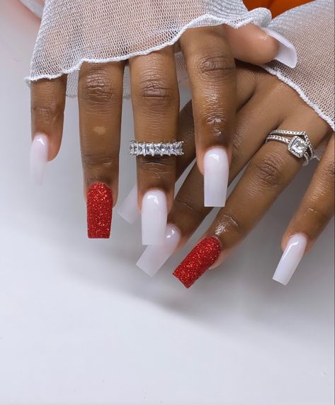 Outfits, Manicures, Red And Silver Nails, Red And White Nails, Red Tip Nails, White Glitter Nails, Red Nails, Red Acrylic Nails, Red Nail Designs