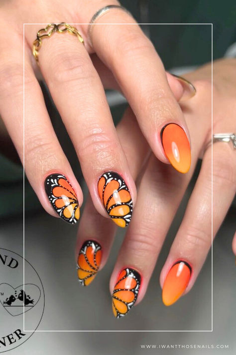 Monarch Butterfly Nails Prom, Nail Designs, Nail Ideas, Nail Art Designs, Yellow Nail Art, Orange Nail Designs, Yellow Nails Design, Orange Nail Art, Butterfly Nail Designs