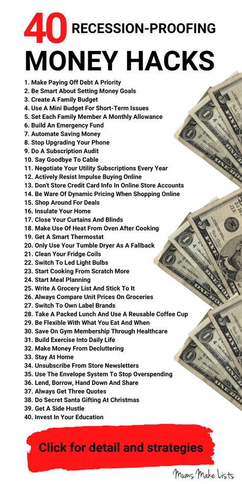 This extensive list of 40 simple money hacks will help you improve how you manage your family finances. Use these money hacks as recession prep to prepare for the recession. Simple common-sense money hacks. These money-saving tips and hacks will help you understand how to thrive in and survive a recession. These hacks are things that I have done to help shore up my family's money. There are no free money hacks, how to save money, tips and tricks for your money, and budgeting. Money saving hacks Life Hacks, Ideas, Budgeting Tips, Money Saving Tips Uk, Money Saving Methods, Budgeting Money, Budgeting Finances, Money Saving Hacks, Best Money Saving Tips