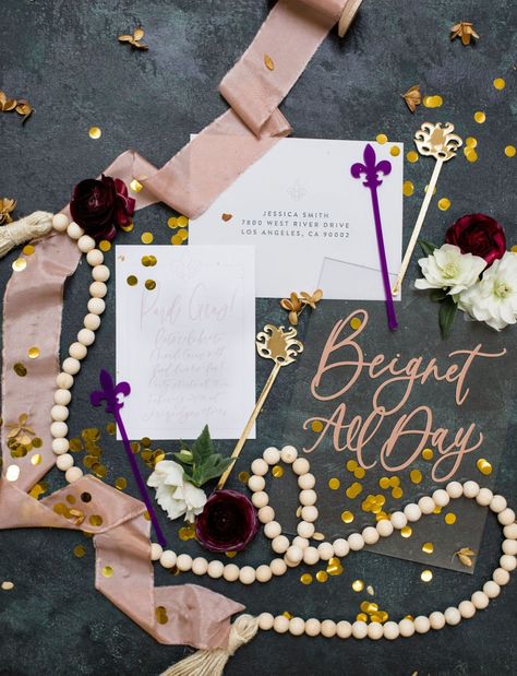 Want to throw a festive Mardi Gras Party at home? We've got the how-to with everything from purple, green and gold florals, to balloons, beads and beignets! #Mardigras #GWS #greenweddingshoes #nola #partyideas #dinnerparty Glow Party, Invitations, Mardi Gras Party, Mardi Gras Beads, Mardi Gras, Mardi, Party, Teen Birthday Party Games, Birthday Party For Teens