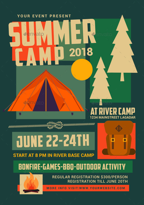 Summer Camp Flyer Ideas, Camping, Glamping, Event Posters, Summer Camp, Summer Camps For Kids, Event Banner, Event Flyer, Church Camp